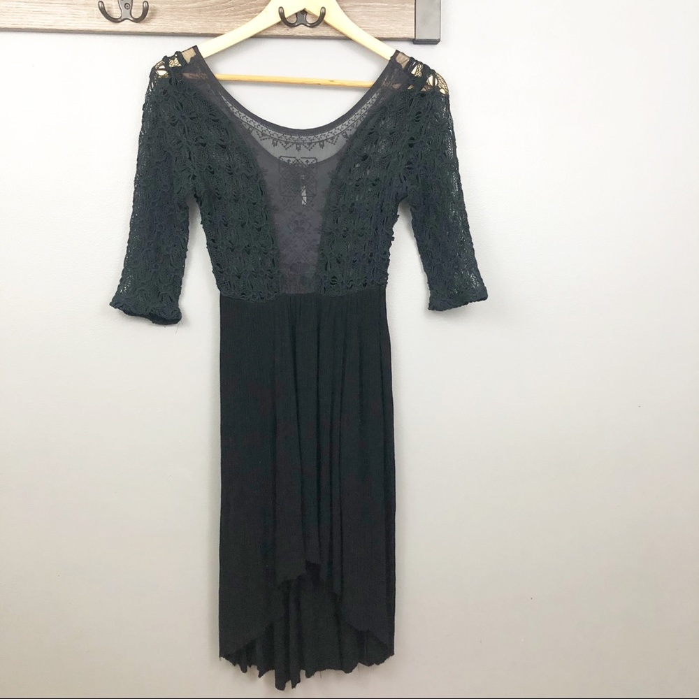 Free People Lace 3/4 Sleeves High Low Black Dress